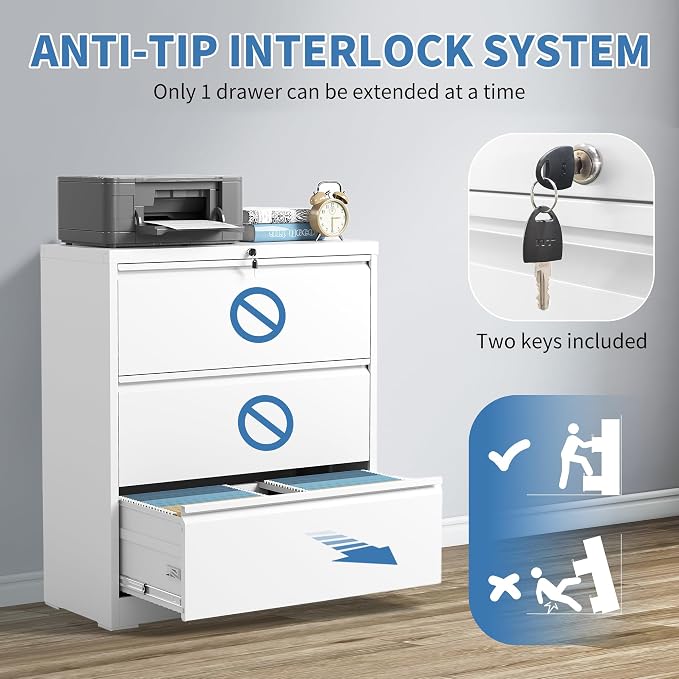 File Cabinets 3 Drawer,Metal Office Storage Filing Cabinet with Lock,White Lateral Filing Cabinet for Home Office,Horizontal Locking File Cabinets for Legal/Letter/A4 Files,Assembly Required