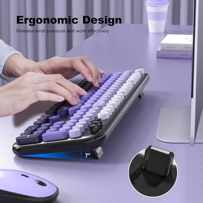 Wireless Keyboard Mouse Combo - Lovely Blackpurple-Gradient Rainbow Full-Sized Typewriter Colorful Keyboards, Round Keycap Plug Play Retro Cute Keyboards for Windows, Laptop, PC, Desktop, Computer