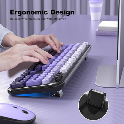 Atelus Wireless Keyboard and Mouse, Typewriter Full Size Keyboard with Number Pad and 2 in 1 USB Connected Mouse for Windows 7/8/10, Laptop, Desktop, PC, Computer (Black Purple)
