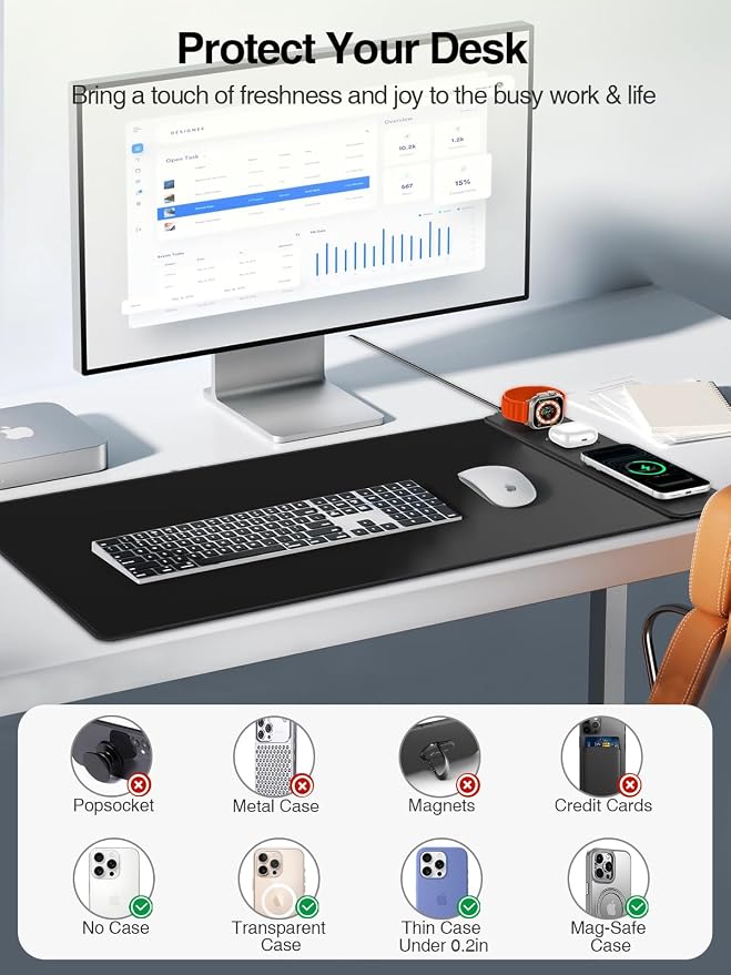 Mouse Pad with Magnetic Wireless Charging, Large Desk Mat, Non-Slip Mouse Mat, Keyboard Pad for Gaming, Desk, Office, PC