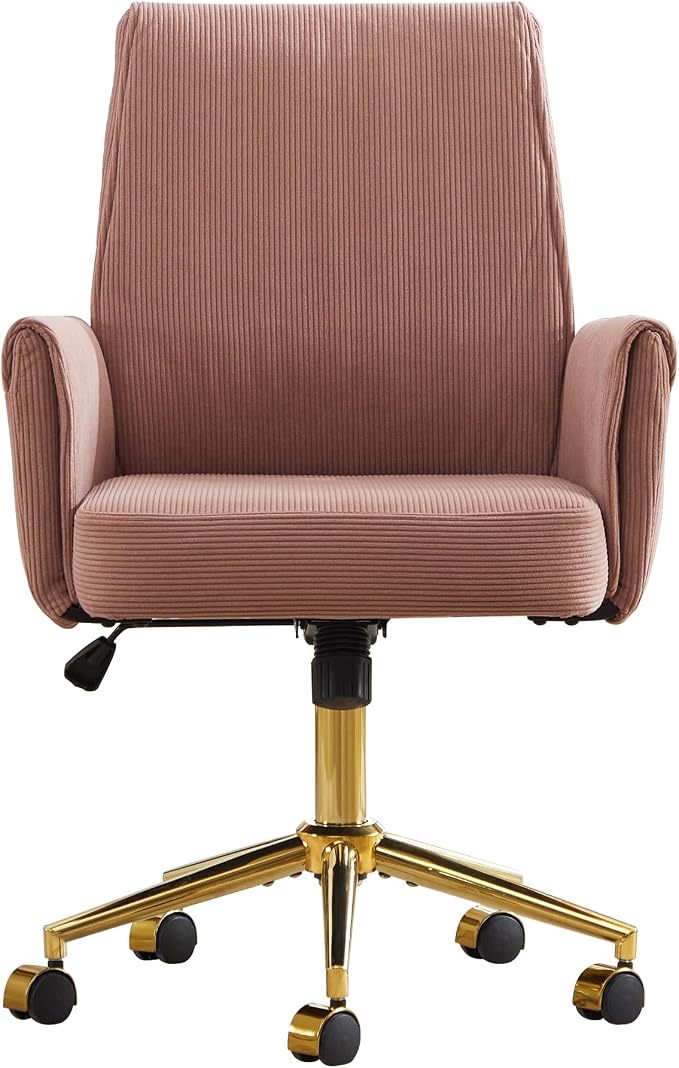 YITAI Stripes Velvet 360°Swivel Desk Chair, Modern Height Adjustable Home Office Armchair with Gold Base and Wheels for Vanity, Comfy Computer Chair for Study Living Room Bedroom（Rose Red）