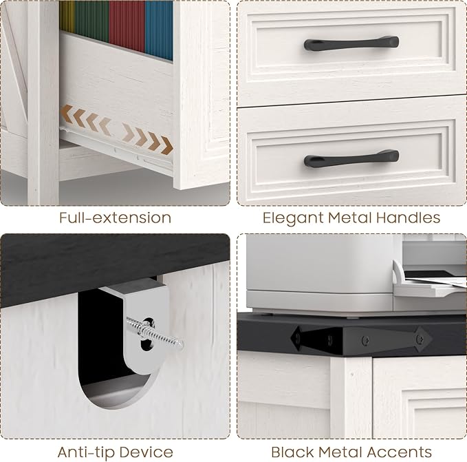 Vabches 3 Drawer Vertical File Cabinet, Farmhouse Wooden Filing Cabinet Fits A4 Letter Size, Under Desk Small File Cabinet, Printer Stand with Storage Organizer for Home Office, White and Black