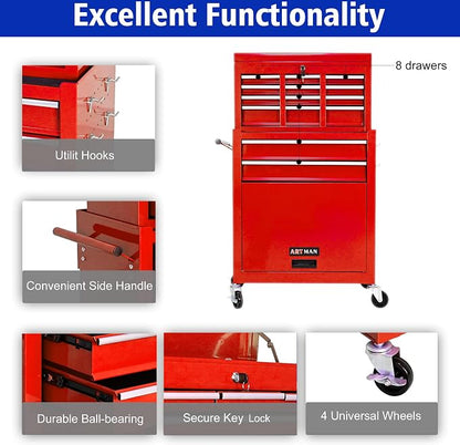 RYH 8 Drawers Rolling Tool Chest & Tool Box on Wheels | Heavy Duty Metal Cart with Ball Bearing Drawers | Fits US General Tool Box for Garage Storage (Red, 8 Drawers /43.1" H × 24.2" W)