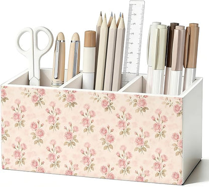Pink Rose Flower Pen Pencil Holder for Desk, Cottagecore Pink Floral Botanical Wooden Box Sign Decorations for Home Office Girls Room Bedroom Desk Tabletop