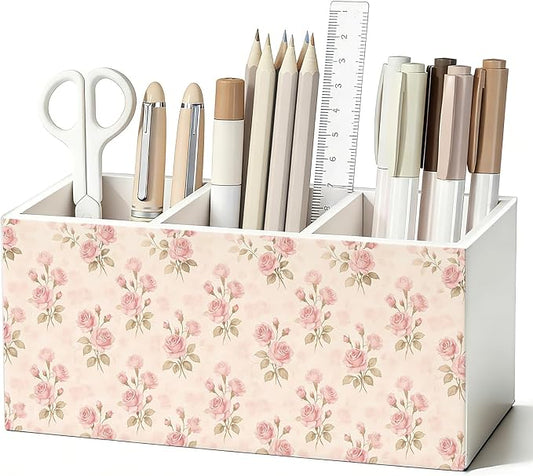 Pink Rose Flower Pen Pencil Holder for Desk, Cottagecore Pink Floral Botanical Wooden Box Sign Decorations for Home Office Girls Room Bedroom Desk Tabletop