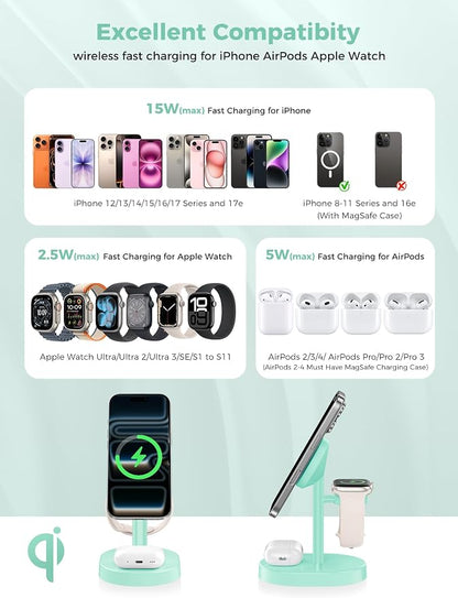 Hevanto 2026 3 in 1 Wireless Charging Station for Apple MagSafe Charger, 15W Fast Mag-Safe Charger Stand for iPhone 17 16 15 14 13 12 Apple Watch AirPods Compatible with MagSafe, Mint