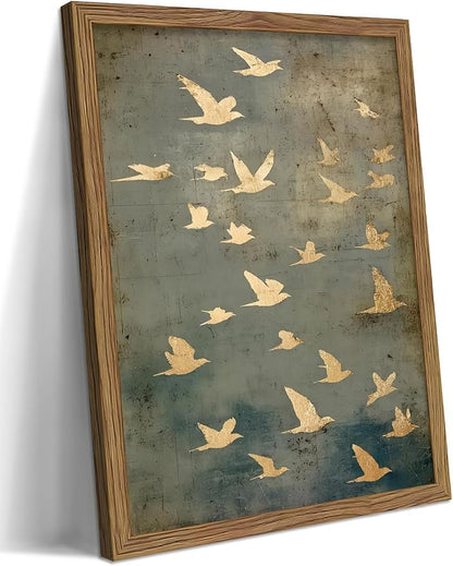Framed Flock of Birds Canvas Wall Art, Vintage Minimalist Abstract Landscape Painting, Neutral Gold Birds Spiritual Wall Decor, Modern Aesthetic Pictures for Bedroom Living Room 16x24 inch