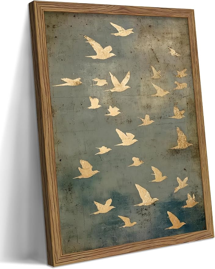 Framed Flock of Birds Canvas Wall Art, Vintage Minimalist Abstract Landscape Painting, Neutral Gold Birds Spiritual Wall Decor, Modern Aesthetic Pictures for Bedroom Living Room 12x16 inch