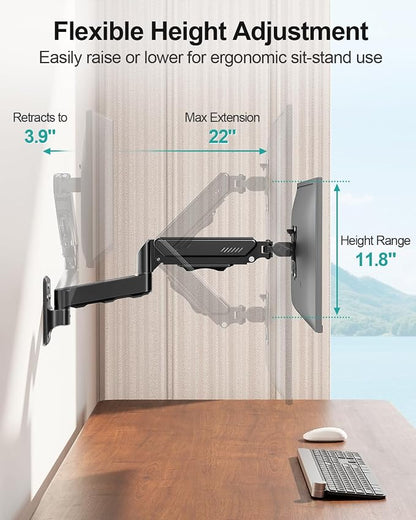 MOUNT PRO Monitor Wall Mount for 13 to 32 Inch Computer Screens, Single Monitor Mount with Tilt/Swivel/Rotation Adjustable, Gas Spring Wall Arm Holds up to 19.8lbs, Vesa Wall Mount 100x100