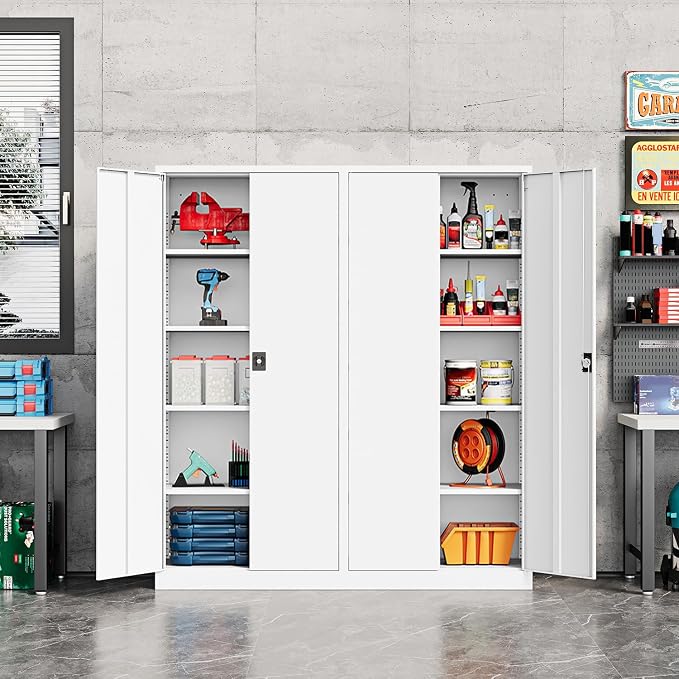 Fesbos Metal Storage Cabinet-71” Tall Steel File Cabinets with Lockable Doors and Adjustable Shelves-White Steel Storage Cabinet for Home,Kitchen, School, Office, Garage