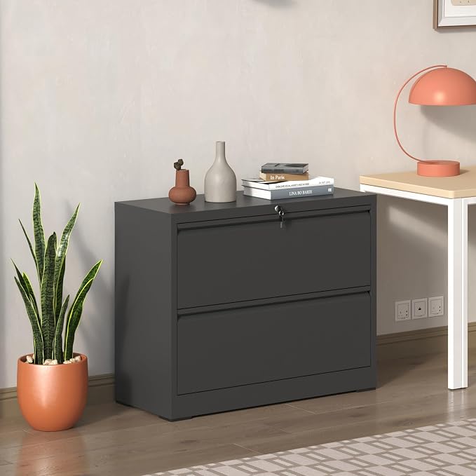 KEIKI 2 Drawer Lateral File Cabinet with Lock, Metal Filing Cabinet, Wide Storage for Letter/Legal/A4/F4, Anti-Tilt Safety, Quiet Full-Extension Slides for Home Office, Black