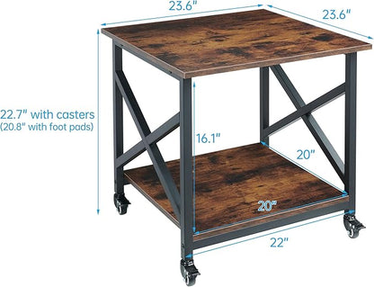 Fannova Large Printer Stand, 23.6 x 23.6 x 22.6 Inches Square Printer Table with Storage Shelf, 2 Tier Rolling Printer Cart with Industrial Wheels for Home Office - Rustic Brown