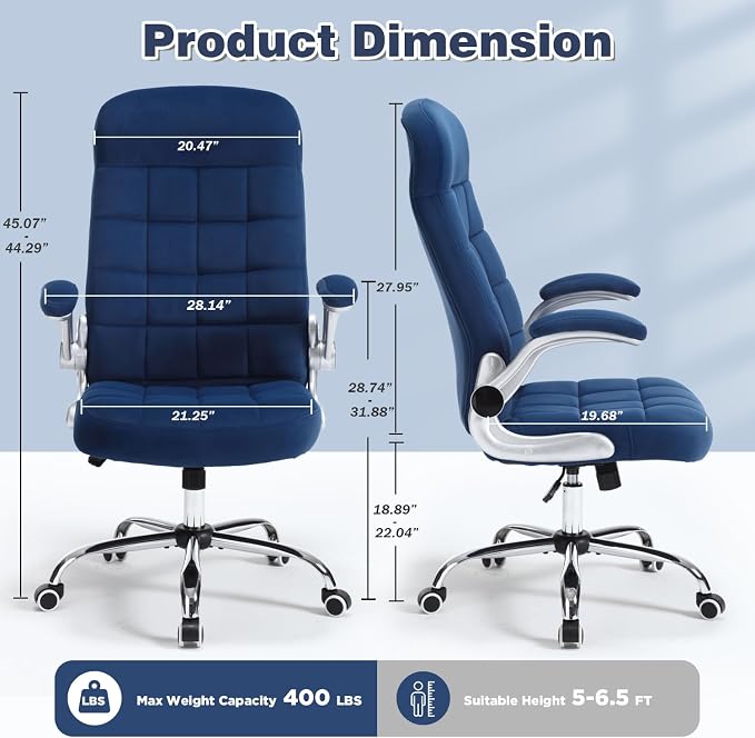 Fabric Home Office Chair Comfy, Velvet High Back Executive Desk Chair with Flip-Up Arms, Ergonomic Office Chairs with Lumbar Support, Upholstered Computer Chair with Wheels,Blue