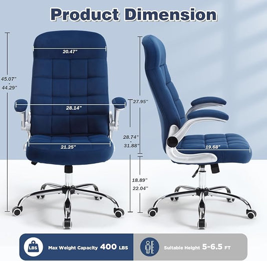 Fabric Home Office Chair Comfy, Velvet High Back Executive Desk Chair with Flip-Up Arms, Ergonomic Office Chairs with Lumbar Support, Upholstered Computer Chair with Wheels,Blue