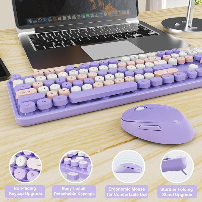 SkyGive Wireless Keyboard and Mouse Combo, Ergonomic Full Size Typewriter Retro Round Keycaps Keyboard, Compatible with Windows, PC, Perfer for Home and Office Keyboards (Purple