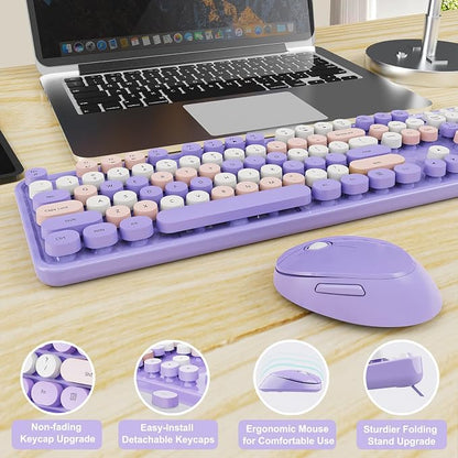 SkyGive Wireless Keyboard and Mouse Combo, Ergonomic Full Size Typewriter Retro Round Keycaps Keyboard, Compatible with Windows, PC, Perfer for Home and Office Keyboards (Purple