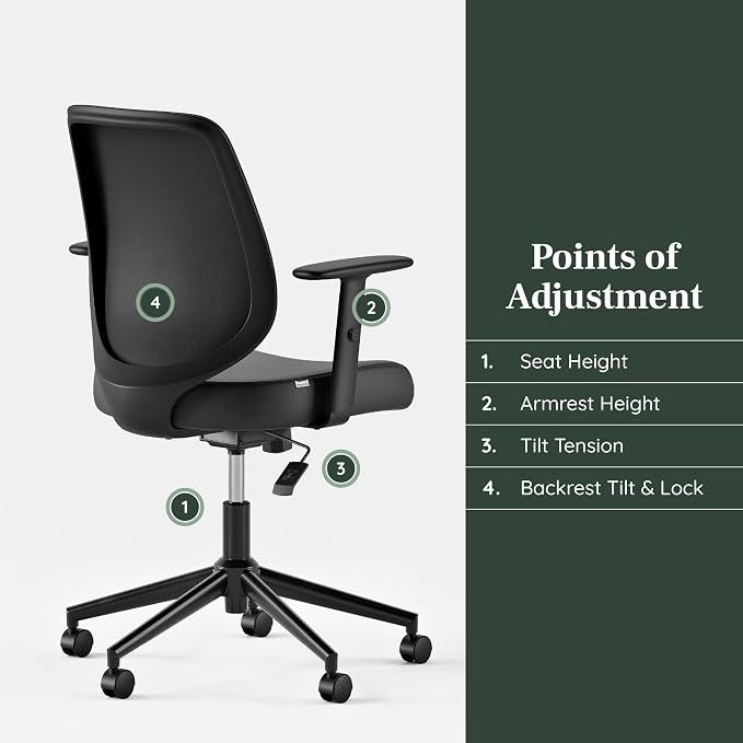 Branch Daily Chair - Vegan Leather Office Chair with Swivel, Lumbar Rest, and Adjustable Armrests - Comfortable Seating for Improved Posture and Productivity - Black