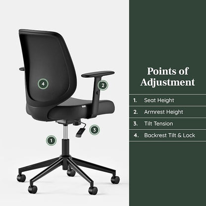 Branch Daily Chair - Vegan Leather Office Chair with Swivel, Lumbar Rest, and Adjustable Armrests - Comfortable Seating for Improved Posture and Productivity - Black