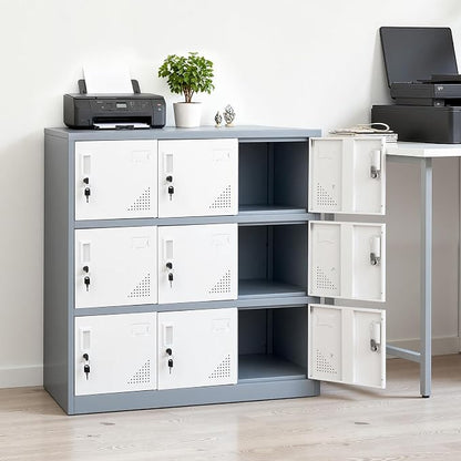 VEVOR 9 Doors Metal Locker for Employees, Steel Locking Storage Cabinet with Card Slot and Ventilation, 2 Keys for Each Door, Employee Lockers for Office, School, Gym, Home, Easy Assembly, Gray