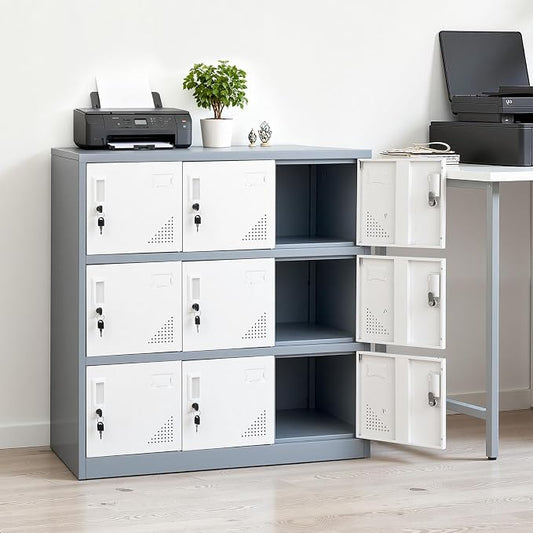VEVOR 9 Doors Metal Locker for Employees, Steel Locking Storage Cabinet with Card Slot and Ventilation, 2 Keys for Each Door, Employee Lockers for Office, School, Gym, Home, Easy Assembly, Gray