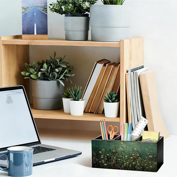 Moody Floral Pen Pencil Holder for Desk, Desk Pen Organizer Dark Green Wildflower Botanical Green Wooden Office Pencil Cup for Home Room Office Bedroom Desk Accessories Tabletop Decorations