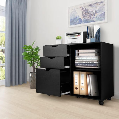 QDSSDECO 3-Drawer with Shelf Wood File Cabinet Mobile Lateral Filing Cabinet, with Rolling Wheel Printer Stand and Open Adjustable Storage Shelves, for Home Office, Black