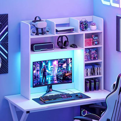 Tangkula Desktop Bookshelf with LED Lights, Desk Hutch with 8 Shelves for Max 25" Monitor, Desktop 5-Tier Display Rack, Multipurpose Wood Desktop Storage Hutch Organizer for Dorm Office Home (White)