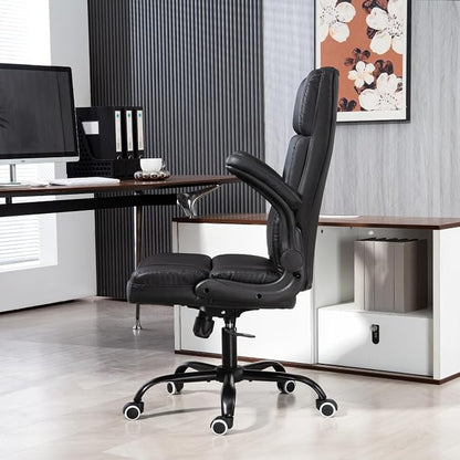 ECOTOUGE Executive Office Chair, PU Leather Ergonomic Comfy Desk Chair, High Back Computer Chair with Adjustable Tilt Angle and Flip-up Arms (Without Footrest Black)