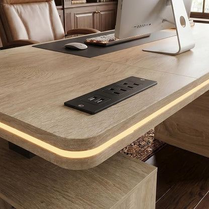 MOUMON 63" Executive Standing Desk with Storage Pedestals and LED Lights, Electric Height Adjustable Desk with Shelves and Built-in Outlets, for Home Office Oak and Black 63"W x 27.6"D x 29.4"-46.9"H
