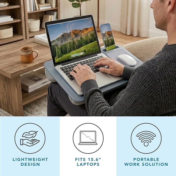 LAPGEAR Home Office Lap Desk with Device Ledge, Mouse Pad, and Phone Holder - Slate Blue - Fits up to 15.6 Inch Laptops - Style No. 91523