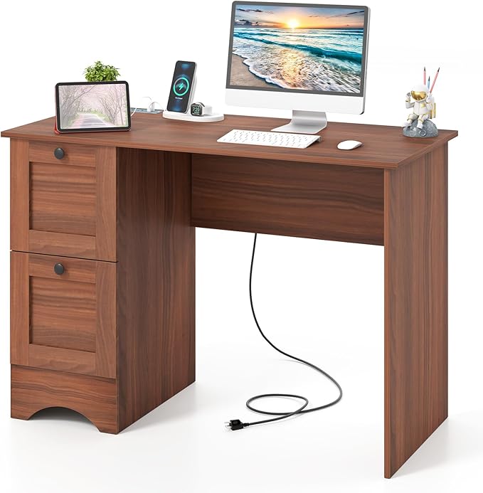 Giantex Computer Desk with 2 Drawers, 43” Wooden Home Office Desk with Charging Station, Compact Study Writing Desk, Modern Laptop PC Desk Workstation for Bedroom, Living Room (Walnut)