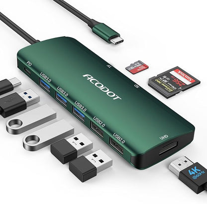 USB C Hub, 9-in-1 Multi-Port USB Adapter, 4K@60Hz HDMI, 100W Max PD, 3 USB3.0(5Gbps) + 2 USB2.0 Data Ports, SD/TF Card Reader for MacBook, iPad Pro, Dell, HP, Lenovo, Windows Laptop, Green