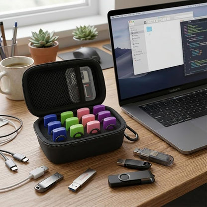 Comecase 12 Slots USB Flash Drive Case, Hard Shell Organizer for Thumb Drives & Jump Drives with Carabiner, Portable USB Case with Removable Pre-cut Sponge & SD Card Mesh Pocket (Jet Black, Small)