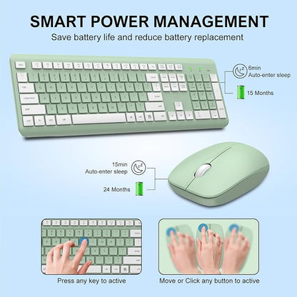 Wireless Keyboard and Mouse Combo, Full-Size Silent Ergonomic Keyboard and Optical Mouse, Long Battery Life, 2.4G Lag-Free Mice Keyboard for Computer,Mac,Laptop,PC,Windows(Avocado Green)