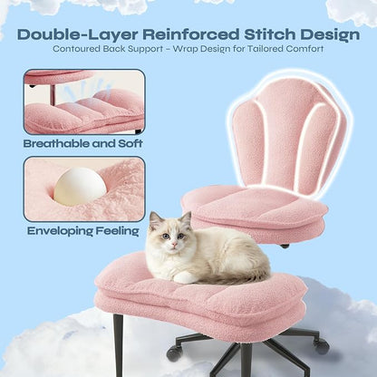 Pinmoco Ergonomic Cross Legged Office Chair for ADHD, Kneeling Chair with 360° Swivel Wheels and Reversible Seating for Meditation, Adjustable Height and Seat Deapth, Teddy Fabric, Pink