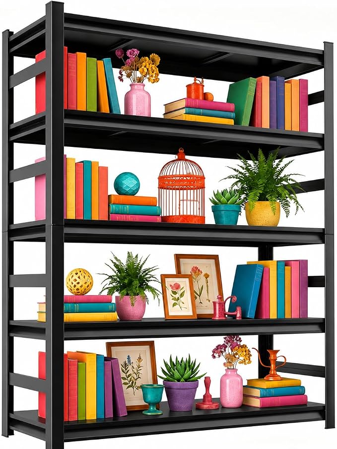 5 Tier Metal Bookshelf, Adjustable Tall Bookcase, Heavy Duty 3000 LBS Modern Deep Book Shelf, Bolt-Free Storage Shelves for Living Room, Home Office, Garage, 36" Wx 16" Dx 71.2" H