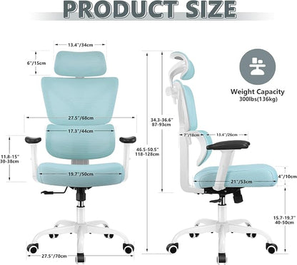 Winrise Big & Tall Ergonomic Reclining Desk Chair - High Back Gaming Chair With Breathable Mesh Seat, Lumbar Support, Adjustable Armrests (Blue)