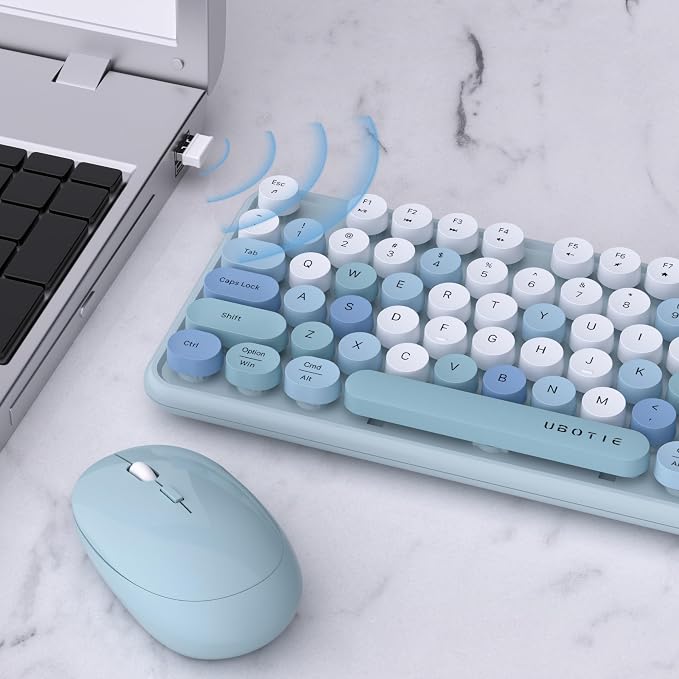 UBOTIE Colorful Wireless Keyboard and Mouse Combos, Retro Typewriter Floating Flexible Full-Sized Keys Computer Keyboard with Optical Mouse, 2.4GHz USB-A Connection for Windows Mac (Blue-Colorful)