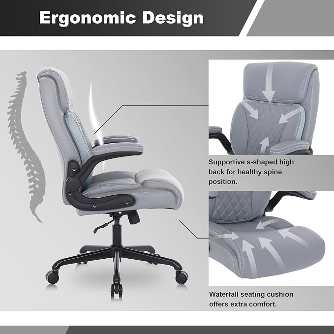 Youhauchair Executive Office Chair, Ergonomic PU Leather Computer Desk Chair with Lumbar Support, Flip-up Armrests and Adjustable Height, for Home Office, Grey