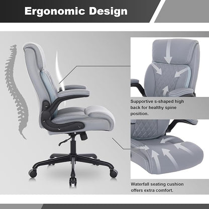 Youhauchair Executive Office Chair, Ergonomic PU Leather Computer Desk Chair with Lumbar Support, Flip-up Armrests and Adjustable Height, for Home Office, Grey