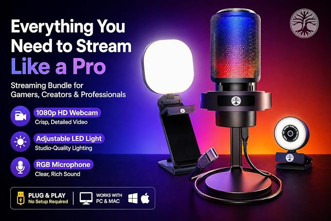 Webcam Streaming Kit with USB RGB Microphone & LED Light – 1080P 30FPS Streaming Camera Bundle for Twitch, YouTube, Podcasting, WFH – PC & Mac Compatible (Not for PS5 Alone)