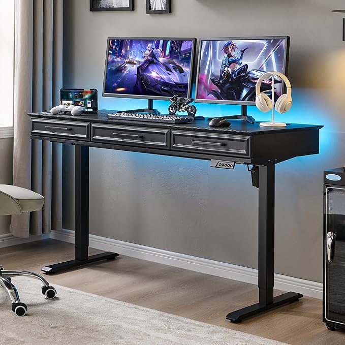 Electric Standing Desk with 3 Storage Drawers, 55x22 Inch Wood Adjustable Height Computer Desk w/One-Piece Desktop, Sit to Stand Up,Power Outlets, Gaming Table for Home Office and Study, Black