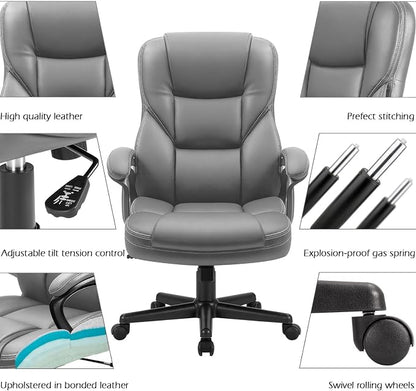 Furmax Office Executive Chair High Back Adjustable Managerial Home Desk Chair, Swivel Computer PU Leather Chair with Lumbar Support (2, Gray)