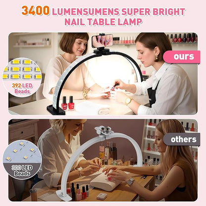 HITTI 31in Large Half Moon Light for Nail Desk, Foldable, Phone Stand, LED Adjustable Brightness and Color, 48W, Arch Nail Tech Table Lamp for Manicure, Craft, Art, Jewelry Making (Crystal Diamond)