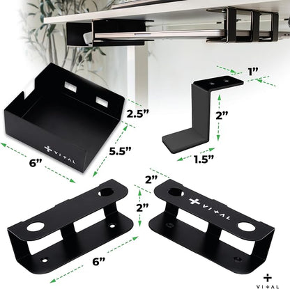 VI+AL Under Desk Laptop Mount - Hidden Metal Shelf with Side Storage - Installs with Tape & Screws - Fits Devices up to 1.7" Thick - Standard (No Hook or Cable Organizer)
