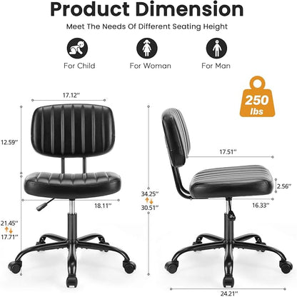 YSSOA Small Desk Chair with Wheels, Armless Office Chair No Arms, Comfy PU Leather Computer Task Chair Swivel Rolling Chairs for Small Space, Home, Adults, Students, Brown