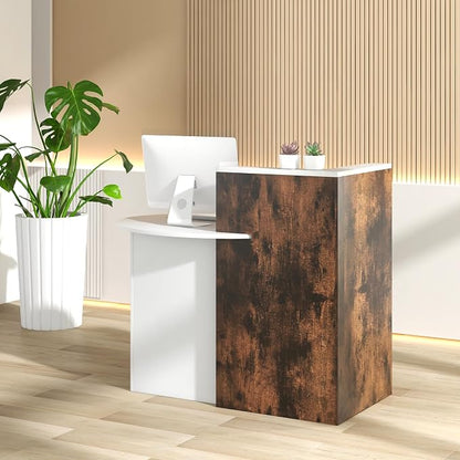 Giantex Reception Desk, Front Counter Desk with Lockable Drawer, Checkout Table with Round Tabletop, Corner Shelf & Adjustable Shelf for Office Beauty Salon Retail Store (Brown & White)