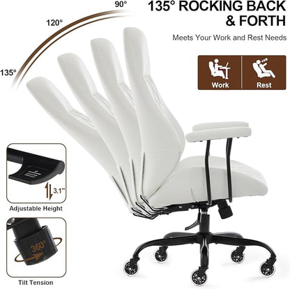 Office Chair with Rubber Wheels, Ergonomic Computer Chair 500 lbs, Leather Desk Chair with Lumbar Support, Executive Chair Adjustable Height & Recline, White | Ergonomic, Lumbar Support, 360° Swivel & Rolling Wheels, Adjustable Height, for Adults & Women