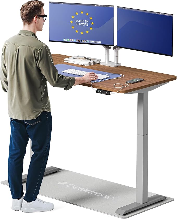 Desktronic HomeOne Standing Desk 54x28 — Ergonomic Sit Stand Home Office Desk, Made in Europe, Electric Dual Motor Height Adjustable, USB & USB-C Charging, Wobble-Free, Touchscreen, 3 Memory Presets