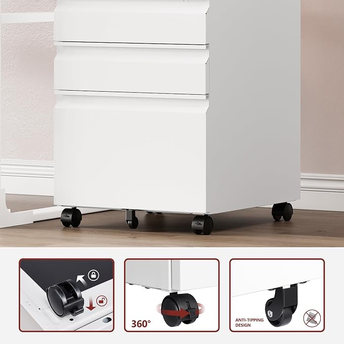 RAVIGIN 3 Drawer File Cabinet，Mobile Filing Cabinet with Lock and Wheels，Un-Assembled Metal Under Desk File Cabinets for A4/Letter/Legal Size（White
